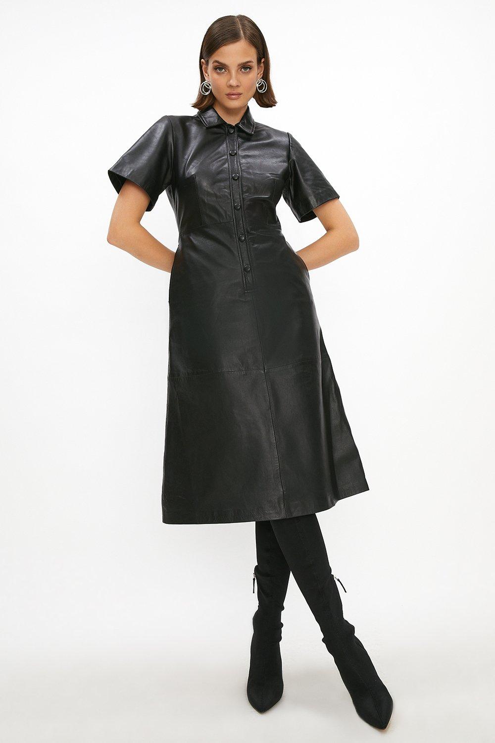 Real Leather A Line Midi Shirt Dress ...